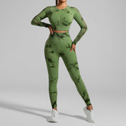 Grass Green Size L Tie-Dye Premium Yoga Set Long Sleeve Butt Lift Leggings Seamless Workout Training Gym Clothes