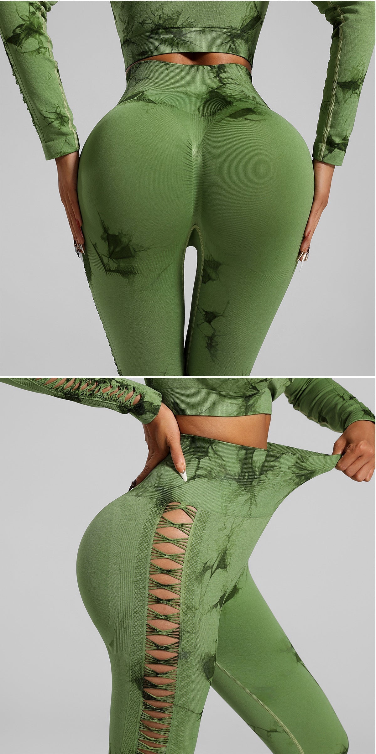 Grass Green Size S Tie-Dye Premium Yoga Set Long Sleeve Butt Lift Leggings Seamless Workout Training Gym Clothes
