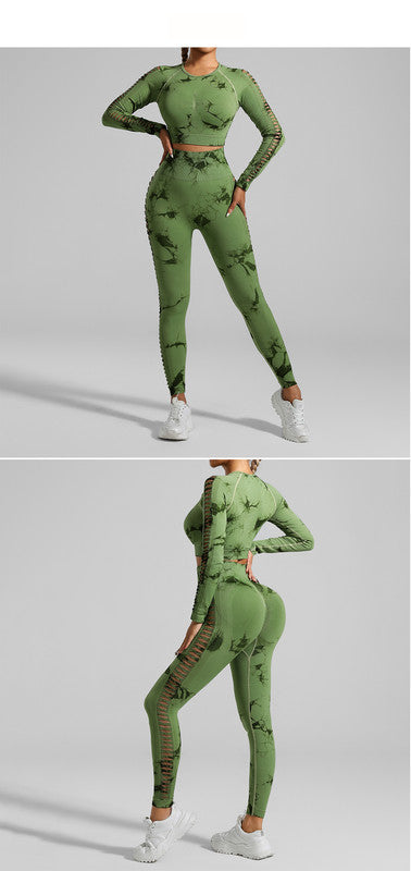 Grass Green Size S Tie-Dye Premium Yoga Set Long Sleeve Butt Lift Leggings Seamless Workout Training Gym Clothes