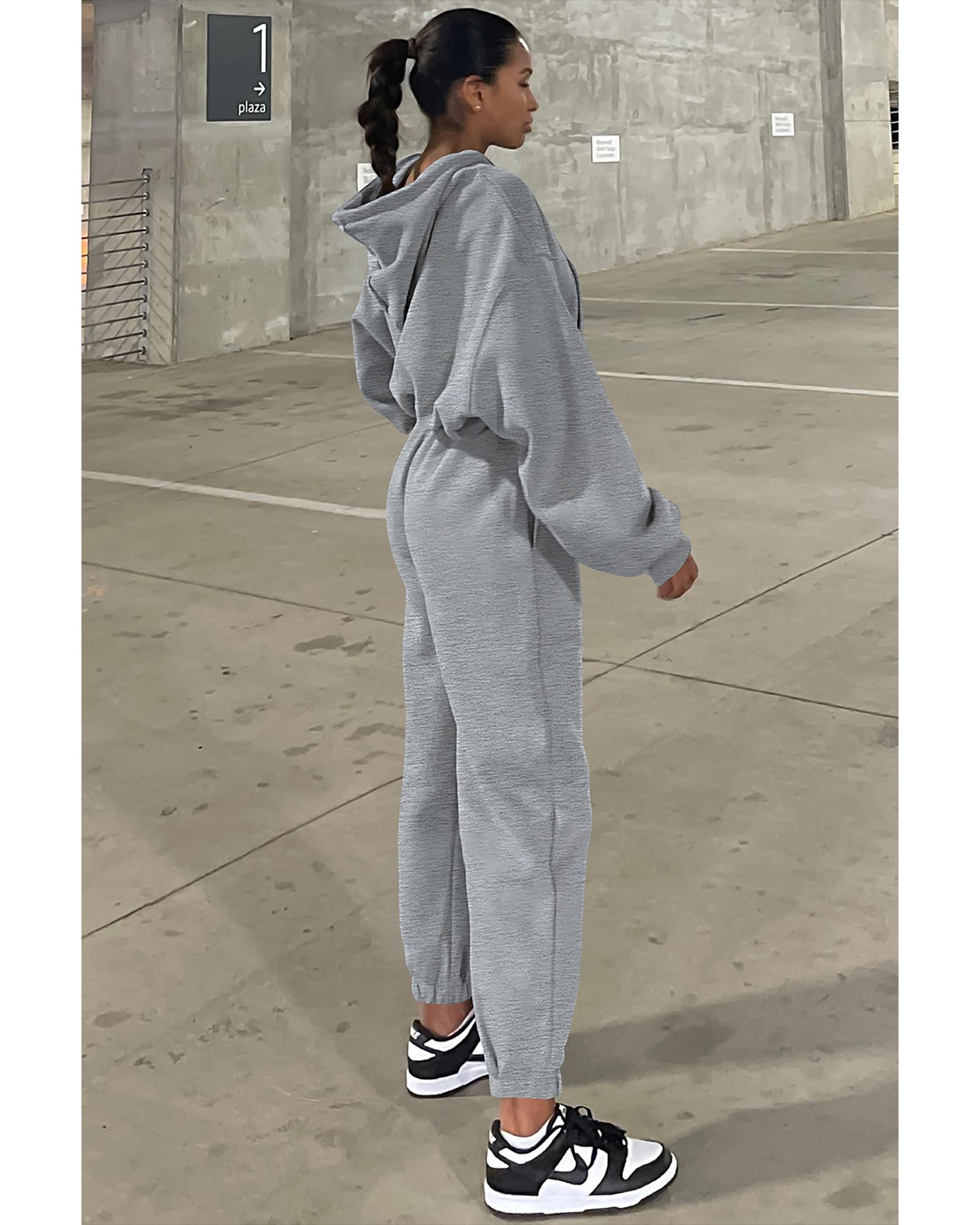 Gray Solid Drop Shoulder Hoodie and Joggers Activewear Set - XL - Fashion > Women’s Fashion > Women’s Tops & T-shirts