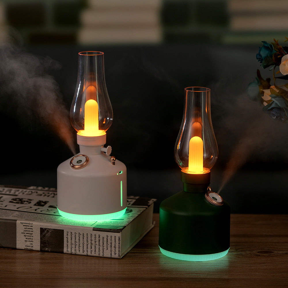 Green Retro Kerosene Lamp Ultrasonic Wellness Humidifier - Rechargeable Cool Mist Maker with Dimmable Light