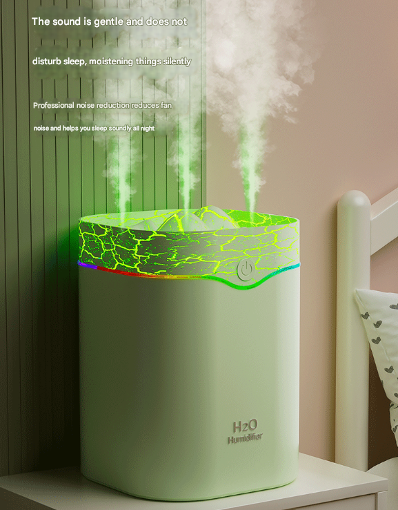 Green Volcano Style 2L Cool Mist Ultrasonic Wellness Humidifier - Triple Nozzle with RGB LED & Quiet Operation