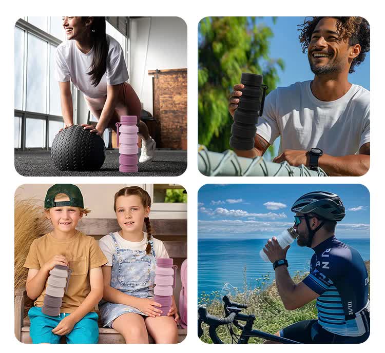 Grey and Black Collapsible Silicone Water Bottle - 510ml Portable Food-Grade Travel & Sports Drink Flask