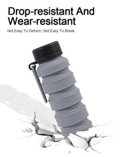 Grey and Black Collapsible Silicone Water Bottle - 510ml Portable Food-Grade Travel & Sports Drink Flask