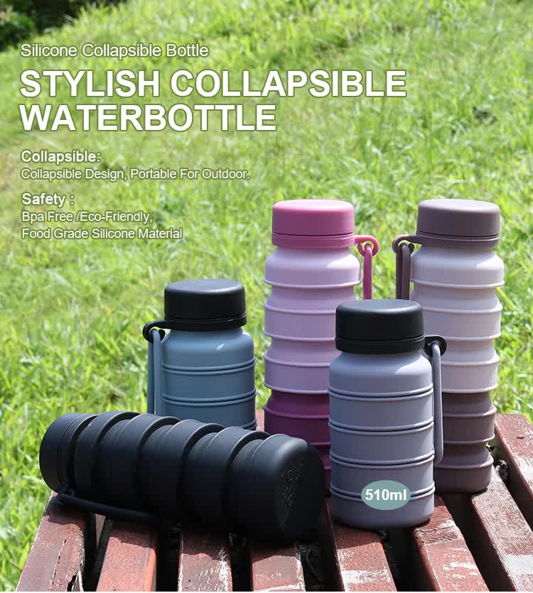 Grey and Black Collapsible Silicone Water Bottle - 510ml Portable Food-Grade Travel & Sports Drink Flask
