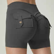 Grey High-Waisted Yoga Shorts with Pockets for Women - Butt-Lifting Breathable and Comfortable Activewear S - Fashion >