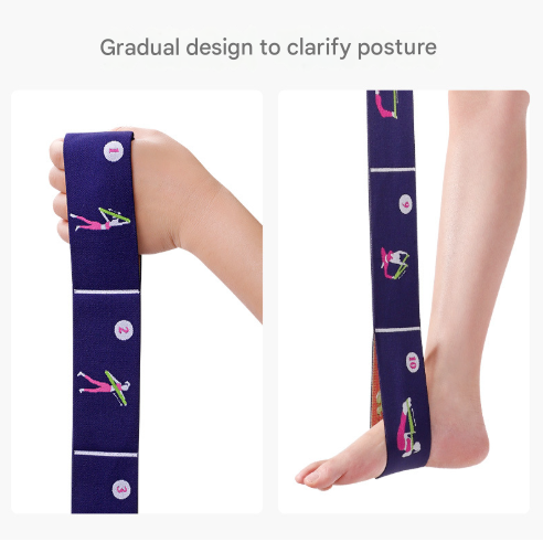 Grey Instructional Premium Yoga Stretch Strap with Embroidered Pose Guide - 11-Loop Flexibility Band