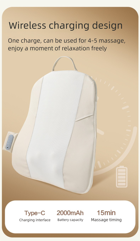 Grey Slim Wireless Shiatsu Back Massager Cushion - Rechargeable Heated Massage Pad for Full Back Relief