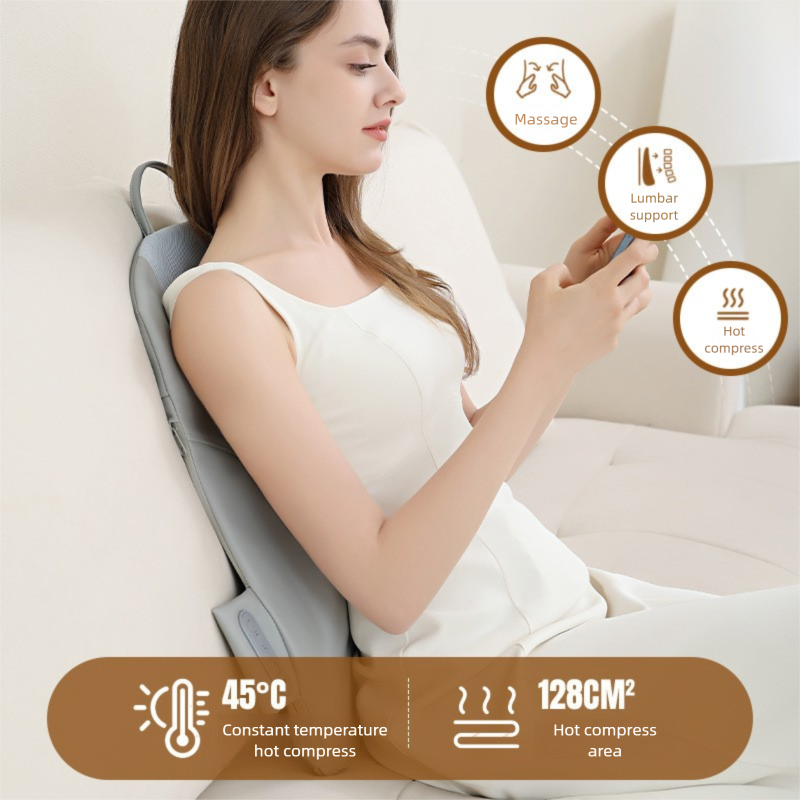 Grey Slim Wireless Shiatsu Back Therapeutic Massager Cushion - Rechargeable Heated Massage Pad for Full Back Relief