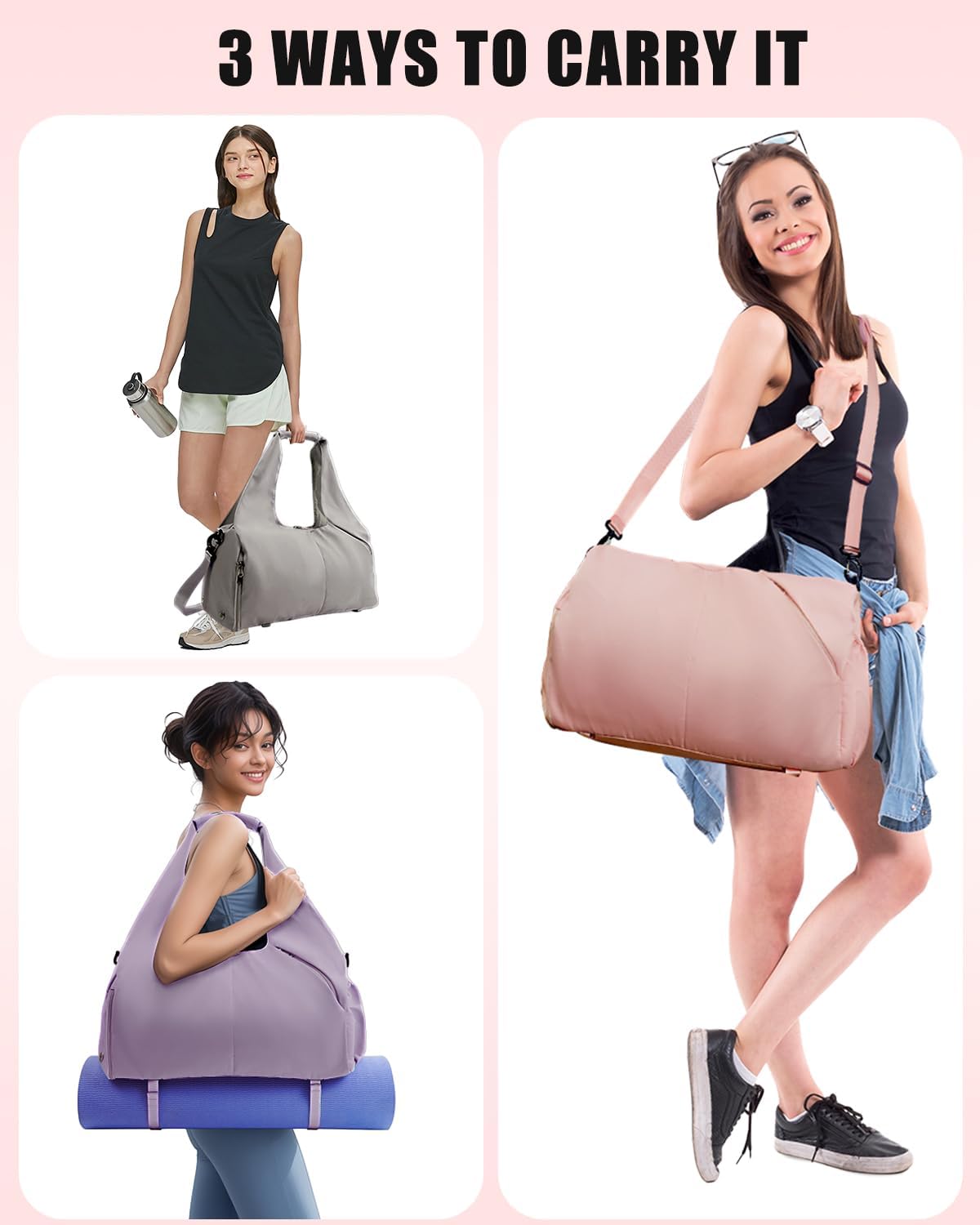 Gym Bag for Women with Shoe Compartment Yoga Mat Bag with Wet Pocket and Water Bottle Holder Weekender Bag with Strap