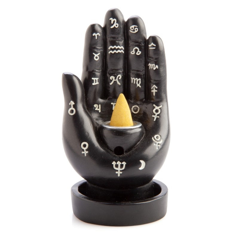 black hamsa hand backflow incense cone holder with astrology symbols