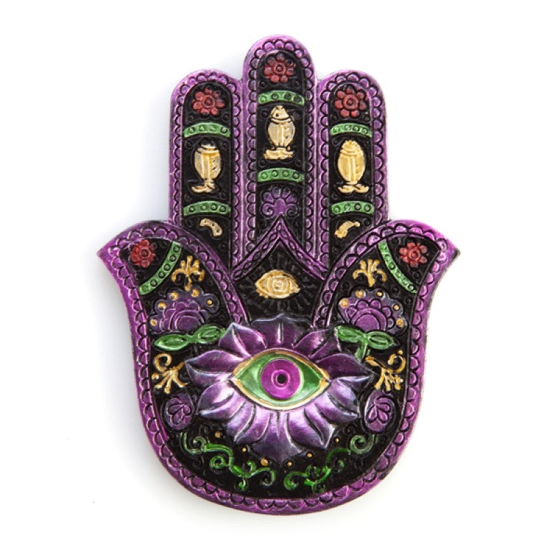 black and purple metallic hamsa design incense stick burner