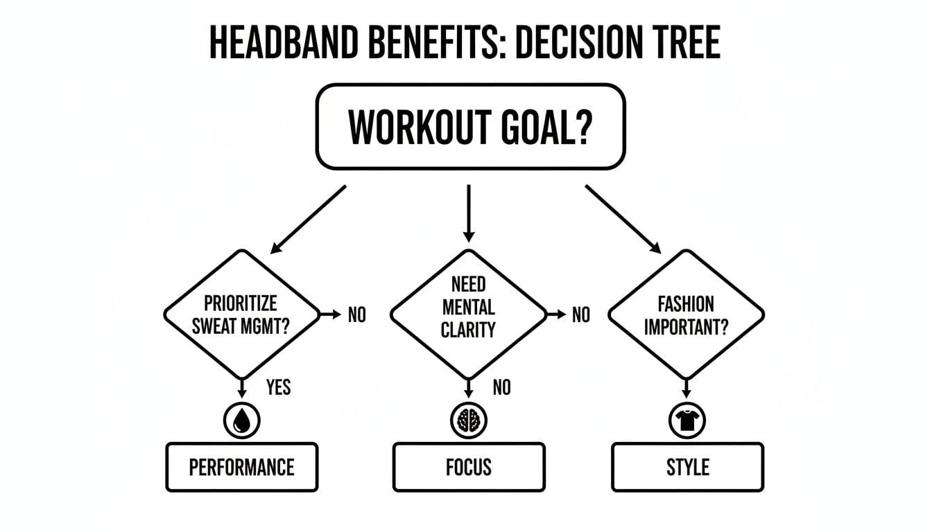 A decision tree illustrating headband benefits based on workout goals, leading to performance, focus, or style.
