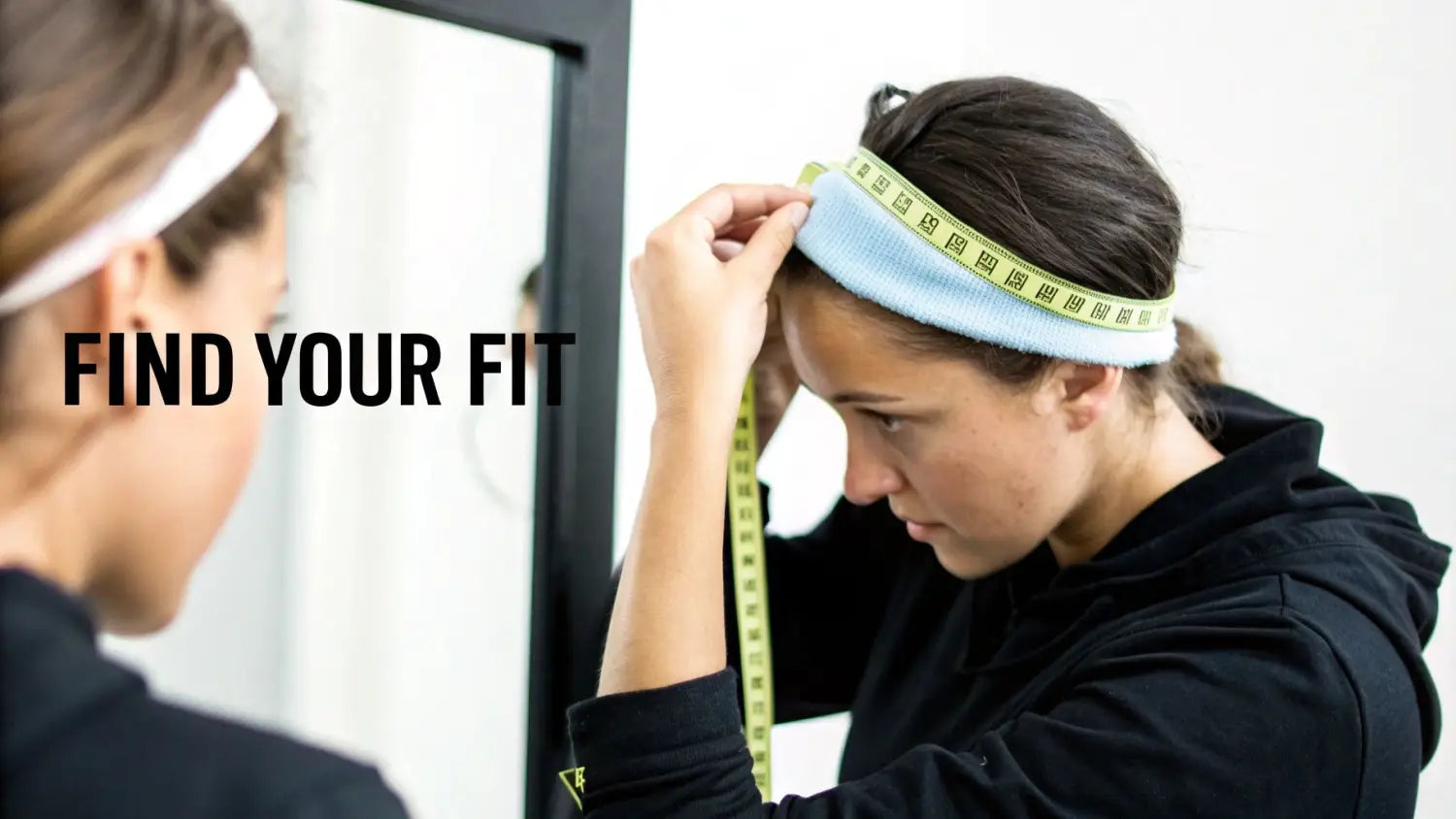 A woman measures her head over a light blue sports headband with a tape measure, finding her fit.