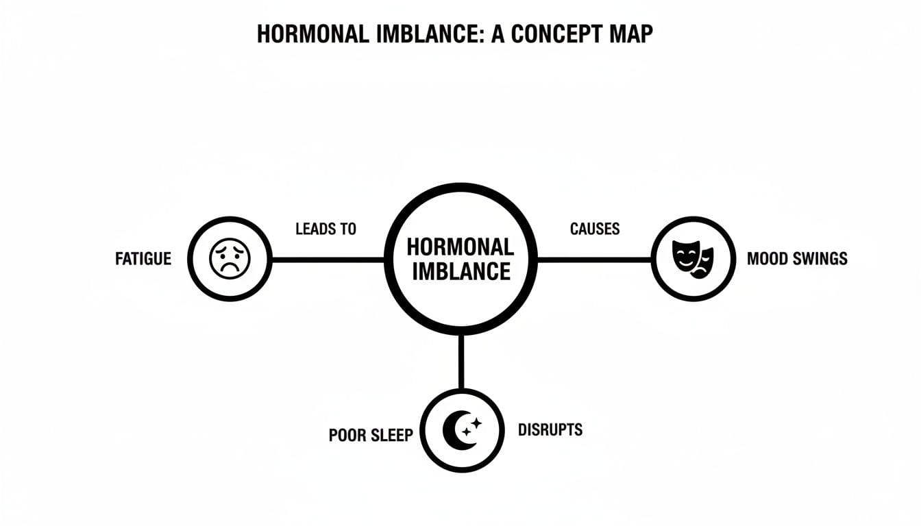 A concept map illustrating hormonal imbalance leading to fatigue, causing mood swings, and disrupting poor sleep.