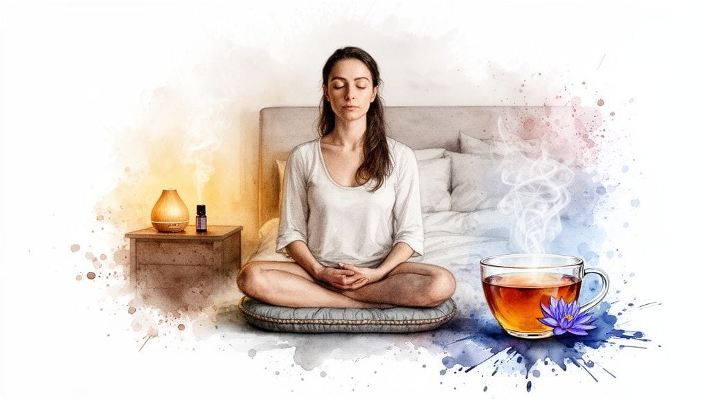 A woman meditates in a serene bedroom with an essential oil diffuser and a steaming cup of tea.
