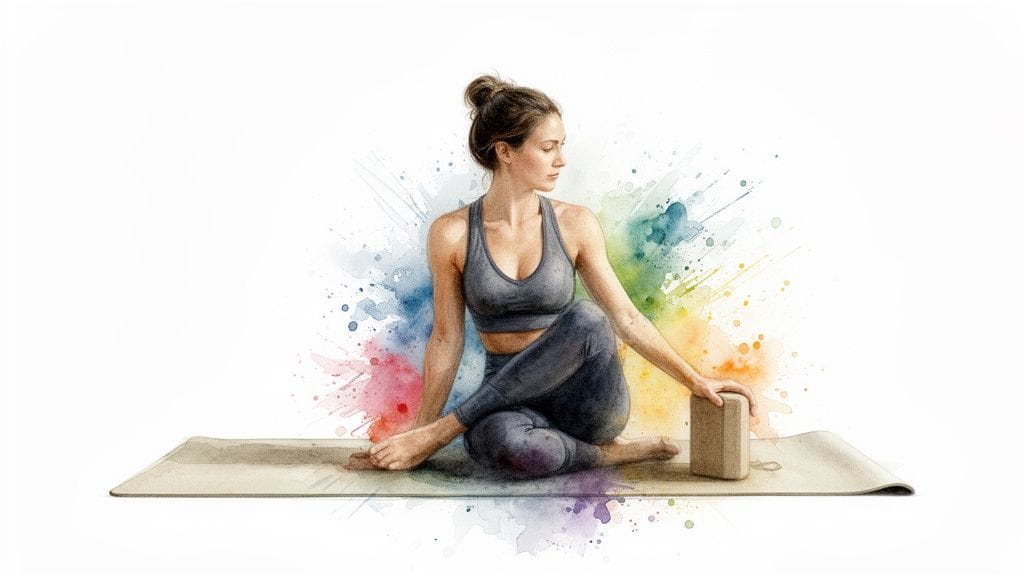 A watercolor painting of a woman in a yoga pose with a block on a mat, vibrant splashes.