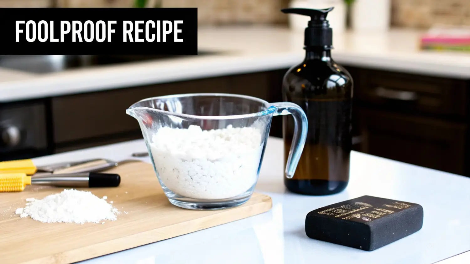 Glass measuring cup with white powder next to soap bar and amber pump bottle for making magnesium oil