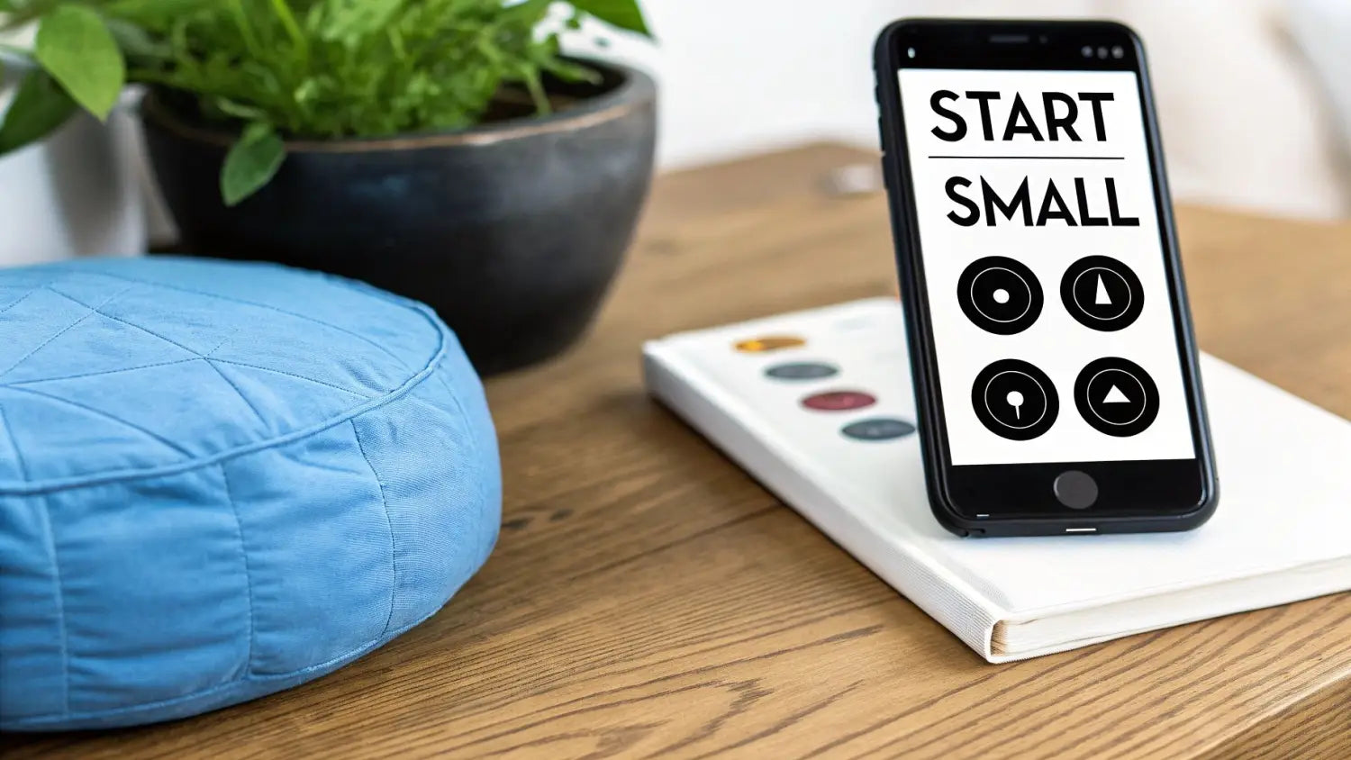 A woman practices meditation on a yoga mat in a light-filled room, encouraging viewers to 'START MEDITATING.'