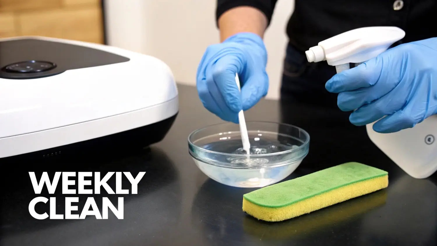 A person in blue gloves mixes a cleaning solution in a bowl, with a white appliance and sponge nearby.