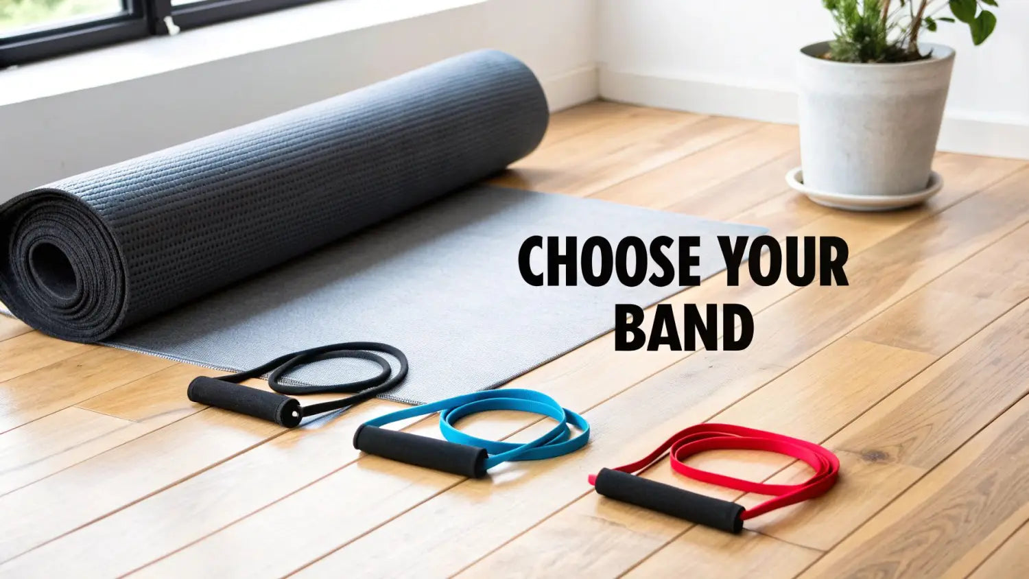 A grey yoga mat unrolled on a wooden floor with black, blue, and red resistance bands, and 'CHOOSE YOUR BAND' text.