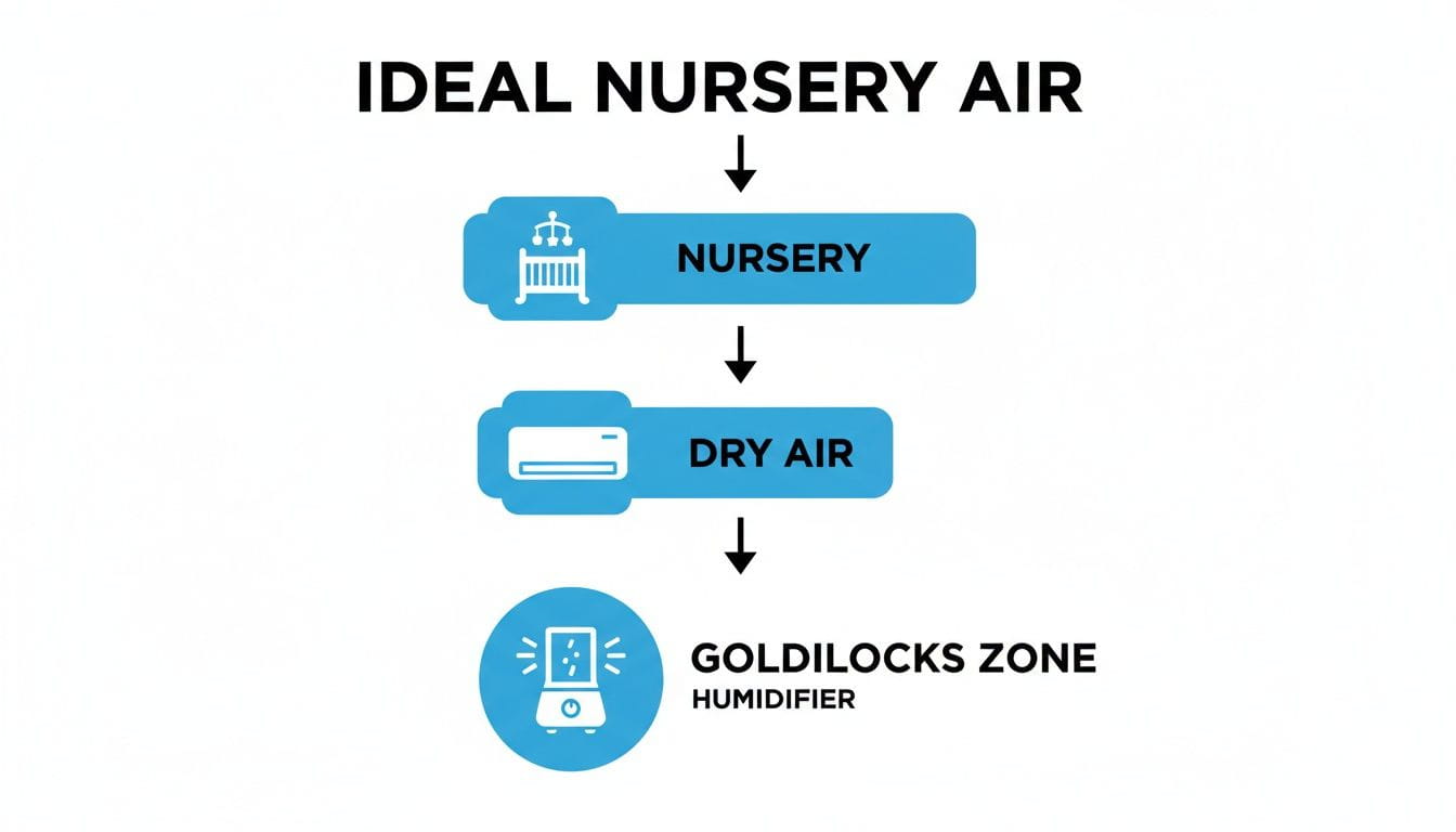 Flowchart showing how to achieve ideal nursery air from dry air using a humidifier.