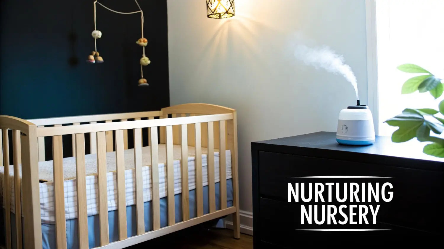 A serene baby nursery with a wooden crib, a black dresser, and a humidifier emitting mist.