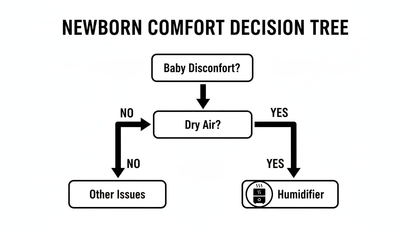 A decision tree for newborn comfort, guiding parents on actions based on baby discomfort and dry air.