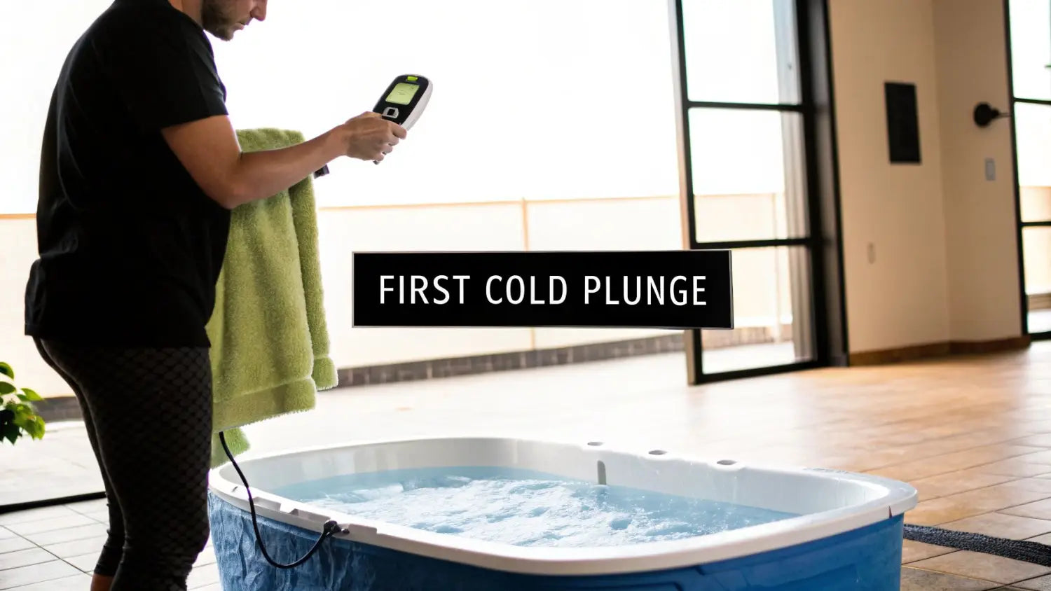 A person stands next to a bubbling portable ice bath, holding a towel and a device.