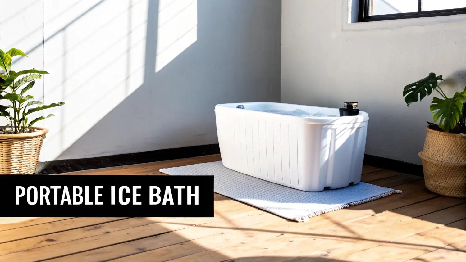A white portable ice bath tub filled with water on a light mat, surrounded by plants on a sunny wooden floor.