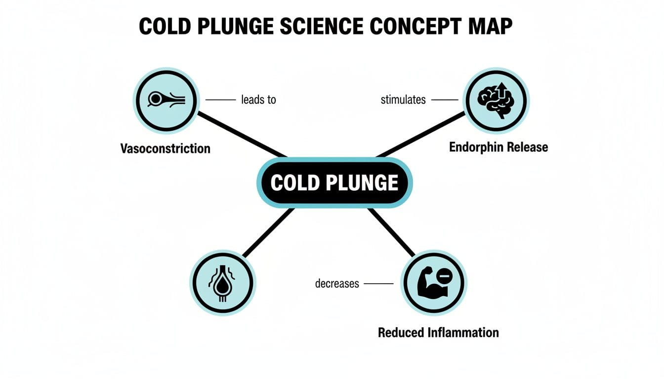 Concept map illustrating cold plunge science, highlighting effects such as vasoconstriction, endorphin release, and reduced inflammation.