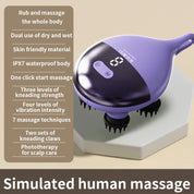 Intelligent 3D Electric Head & Scalp Therapeutic Massager - 7 Massage Techniques, IPX7 Waterproof, Rechargeable(Purple)