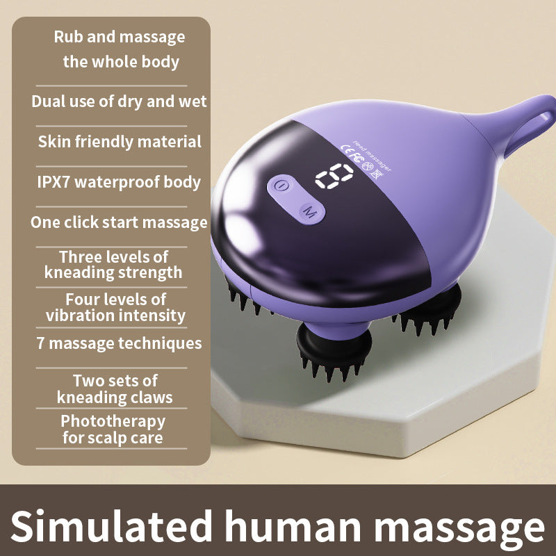 Intelligent 3D Electric Head & Scalp Therapeutic Massager - 7 Massage Techniques, IPX7 Waterproof, Rechargeable(Purple)
