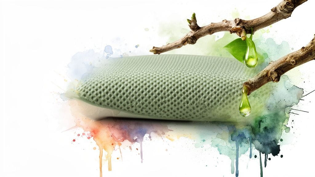 A fresh green textured mat with a natural branch dripping two green liquid drops, surrounded by watercolor splashes.