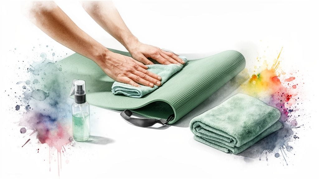 Hands cleaning a green yoga mat with a cloth and spray bottle, surrounded by colorful watercolor splashes.