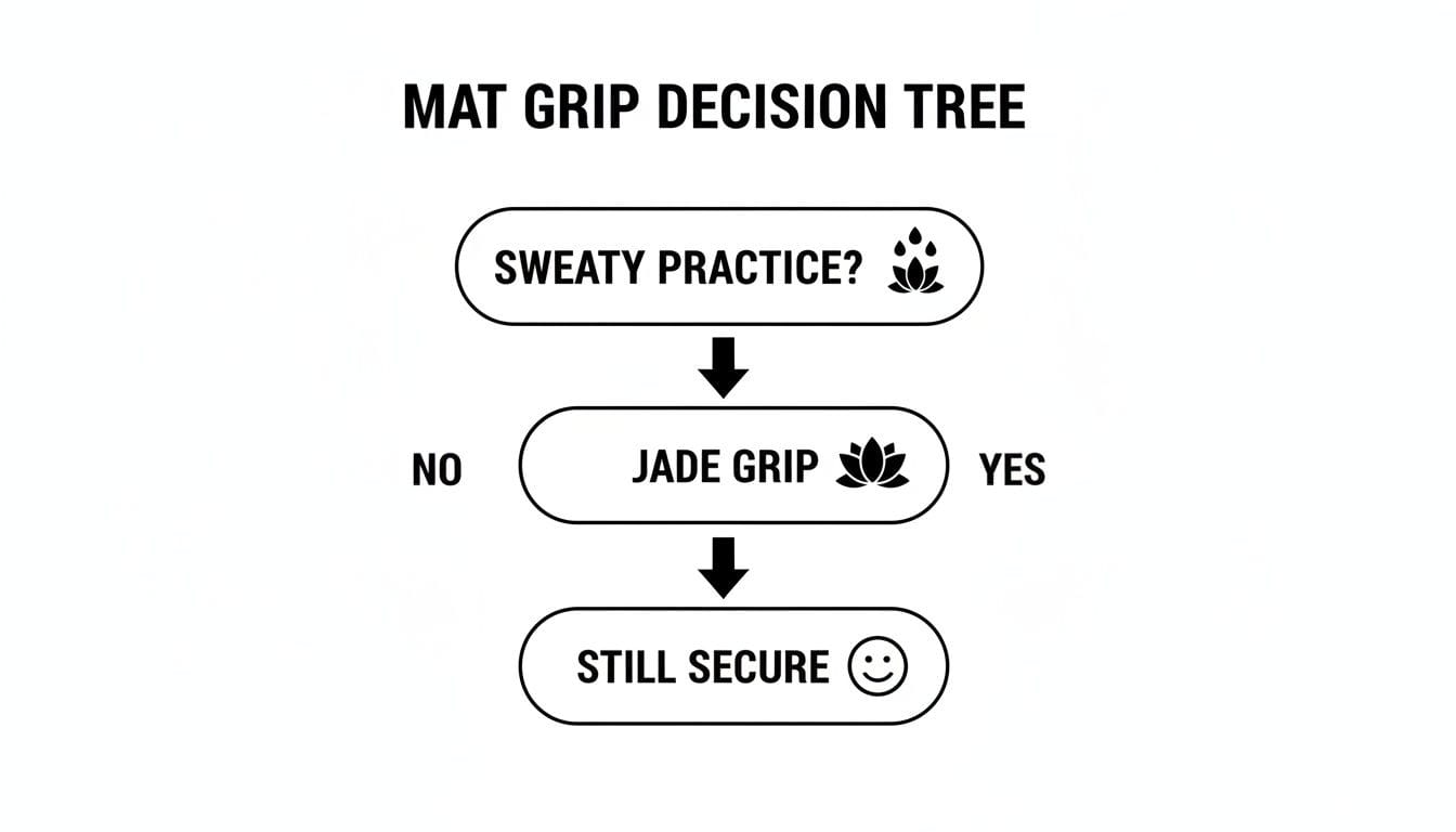 Flowchart for mat grip, recommending Jade Grip for secure practice regardless of sweat.