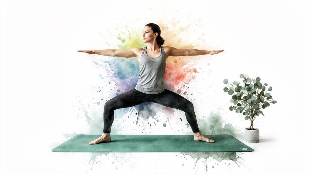 A woman in a yoga pose on a green mat with a colorful watercolor splash background.