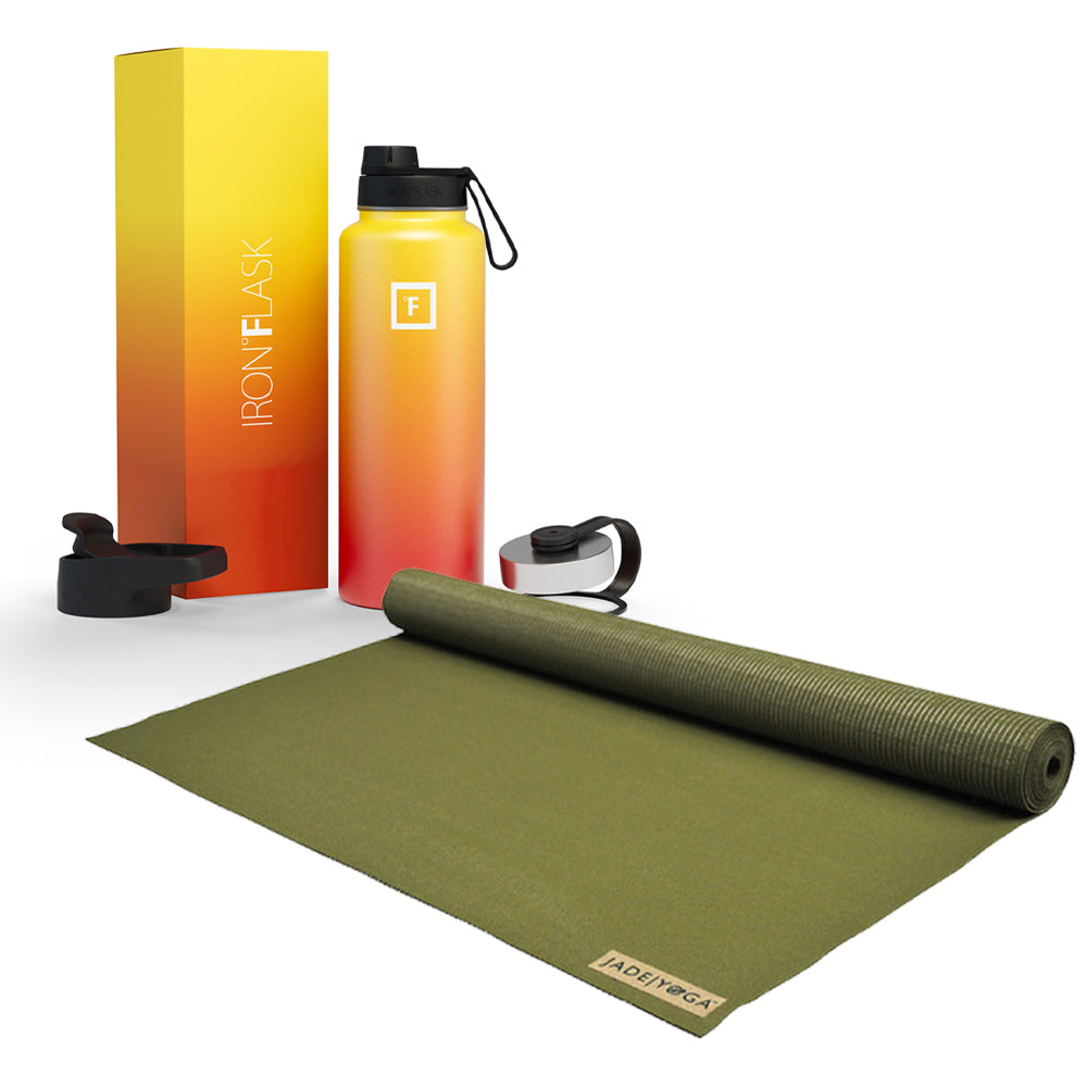 Jade Yoga Voyager Mat - Olive & Iron Flask Wide Mouth Bottle with Spout Lid Fire 32oz/950ml Bundle - Sports & Fitness >