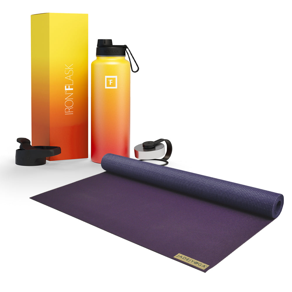 Jade Yoga Voyager Mat - Purple & Iron Flask Wide Mouth Bottle with Spout Lid Fire 32oz/950ml Bundle - Sports & Fitness