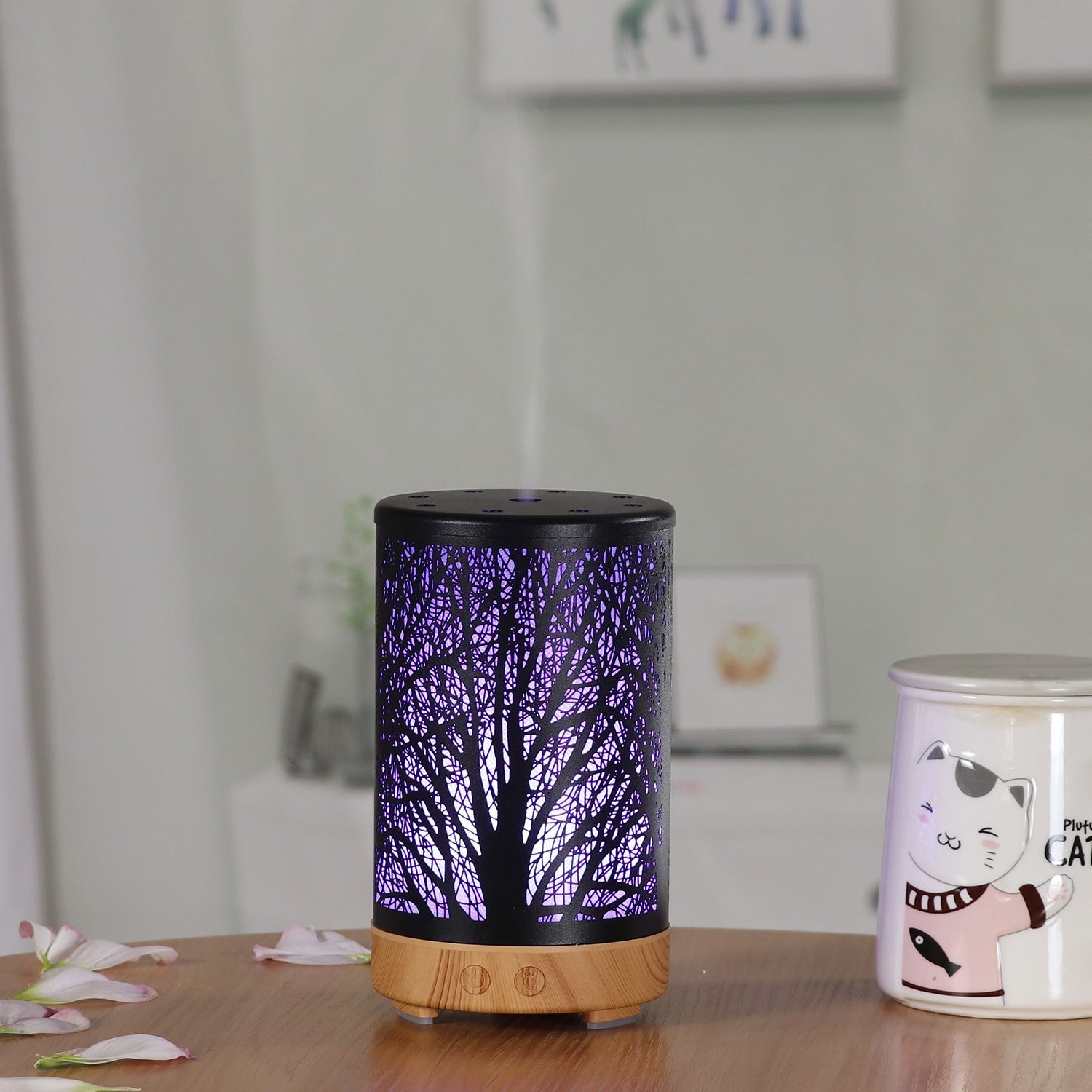 Khaki and Black Forest Design Iron Essential Oil Premium Diffuser - 7 Color LED Ultrasonic Cool Mist Humidifier 100ml