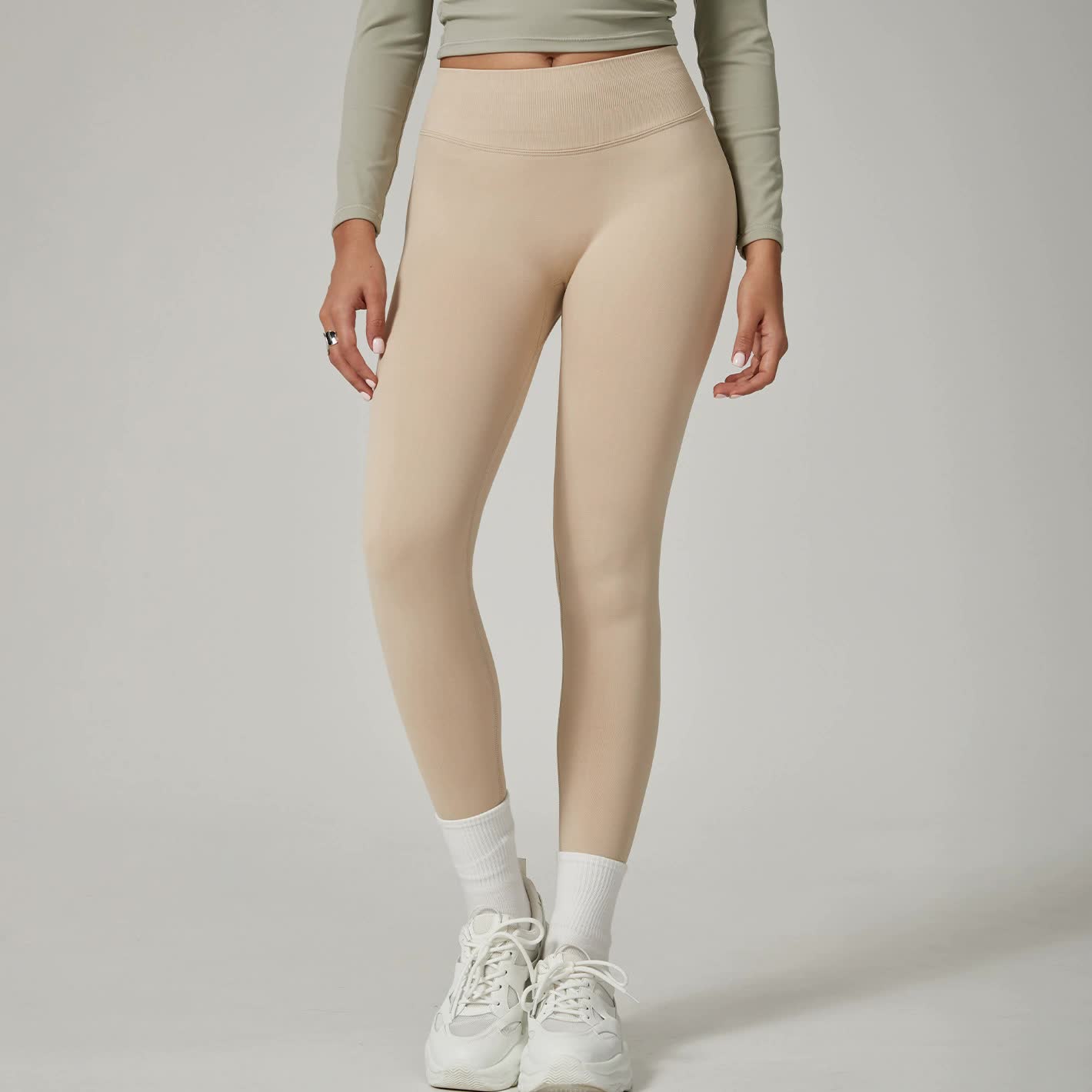 Khaki High-Waisted Butt Lift Yoga Pants for Women - Peach Hip Design Full-Length Leggings Workout and Fitness