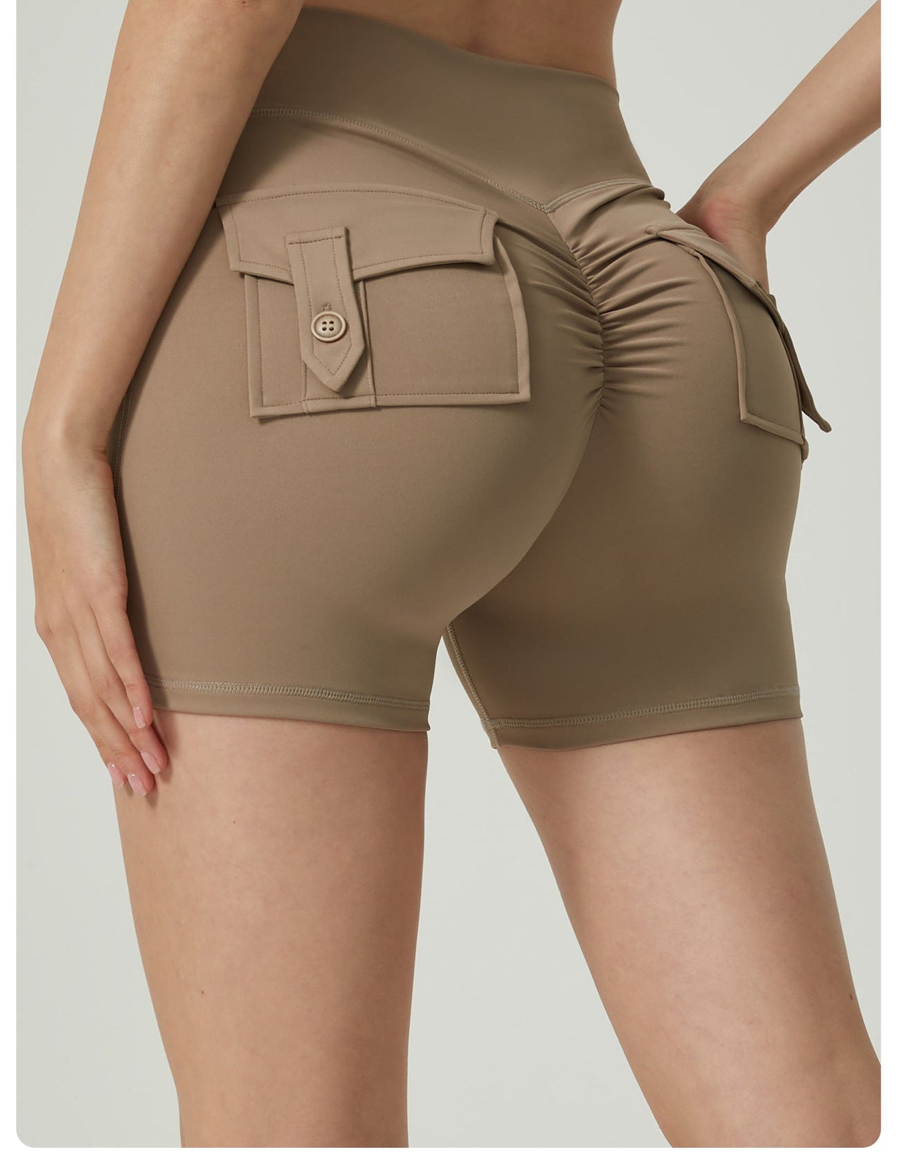 Khaki High-Waisted Yoga Shorts with Pockets for Women - Butt-Lifting Breathable and Comfortable Activewear L - Fashion
