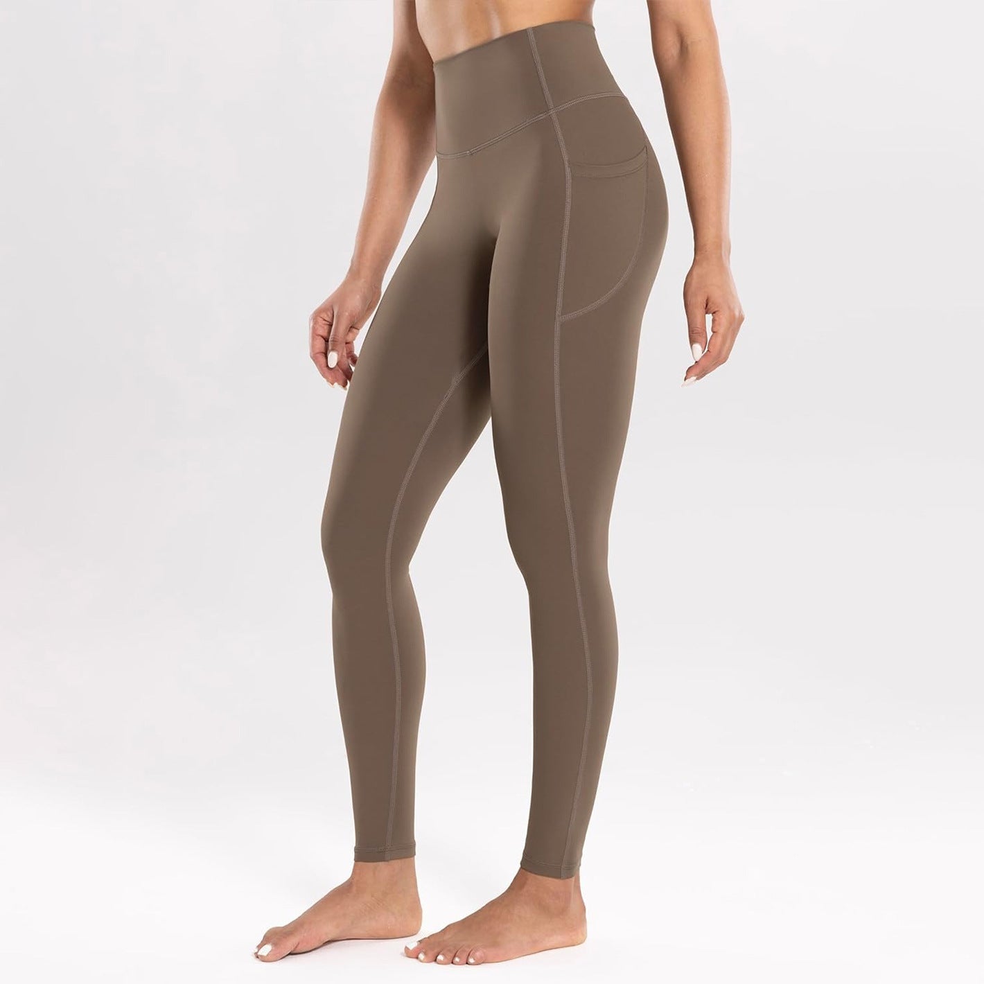 L Dark Khaki High-Waist Seamless Yoga Leggings with Pockets - Ultra Soft & Quick-Dry Workout Tights - Sports & Fitness