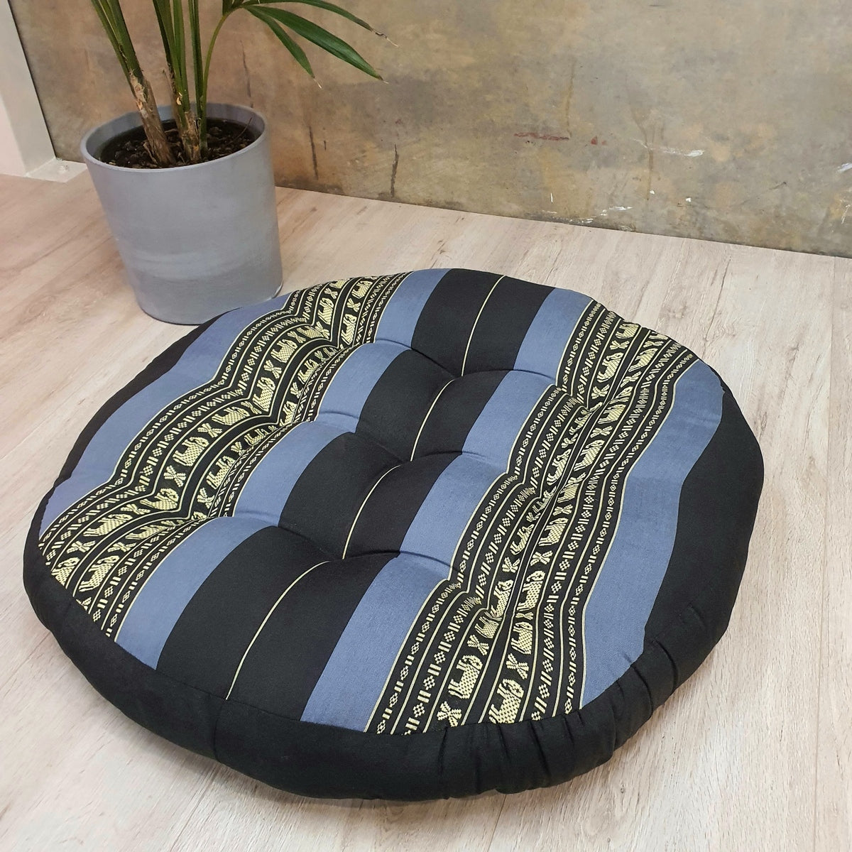 black and blue large round meditation pillow