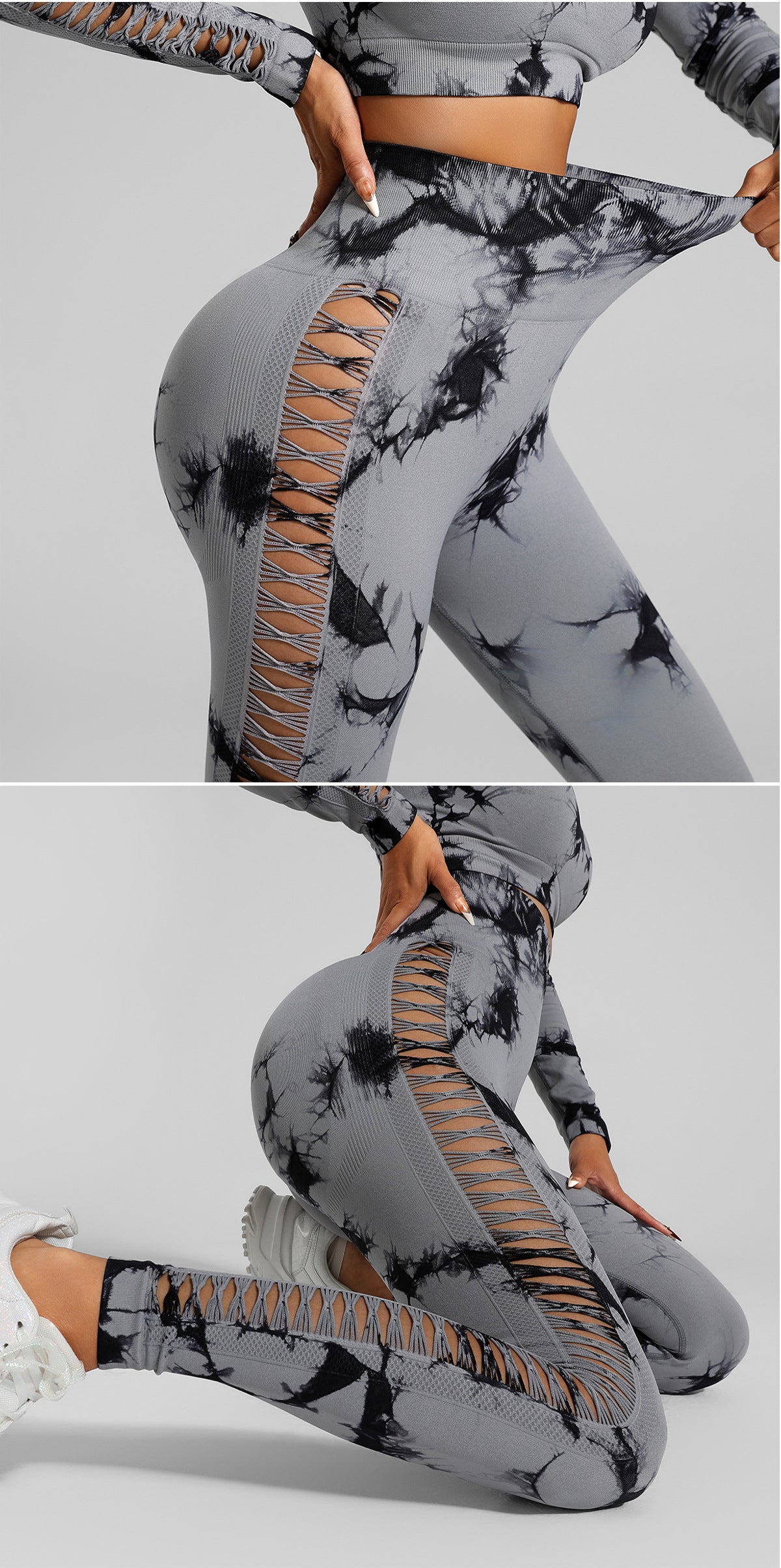 Light Gray Size L Tie-Dye Premium Yoga Set Long Sleeve Butt Lift Leggings Seamless Workout Training Gym Clothes