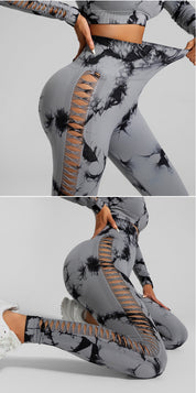 Light Gray Size L Tie-Dye Premium Yoga Set Long Sleeve Butt Lift Leggings Seamless Workout Training Gym Clothes