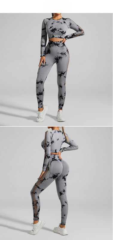 Light Gray Size M Tie-Dye Premium Yoga Set Long Sleeve Butt Lift Leggings Seamless Workout Training Gym Clothes