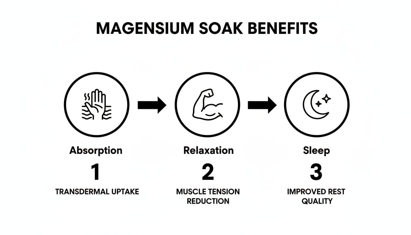 Diagram illustrating three magnesium soak benefits: transdermal absorption, muscle tension reduction, and improved sleep quality.