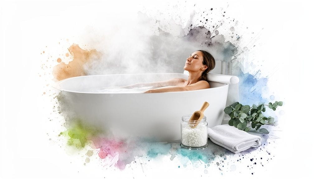 A woman relaxes in a steamy bath with bath salts and eucalyptus, surrounded by colorful watercolor.