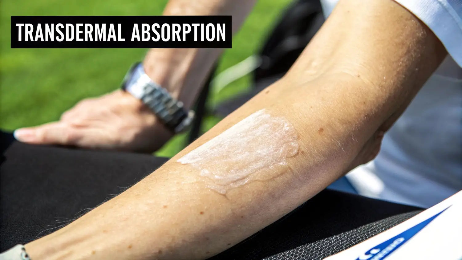 Close-up of an arm with a translucent topical gel applied for transdermal absorption.